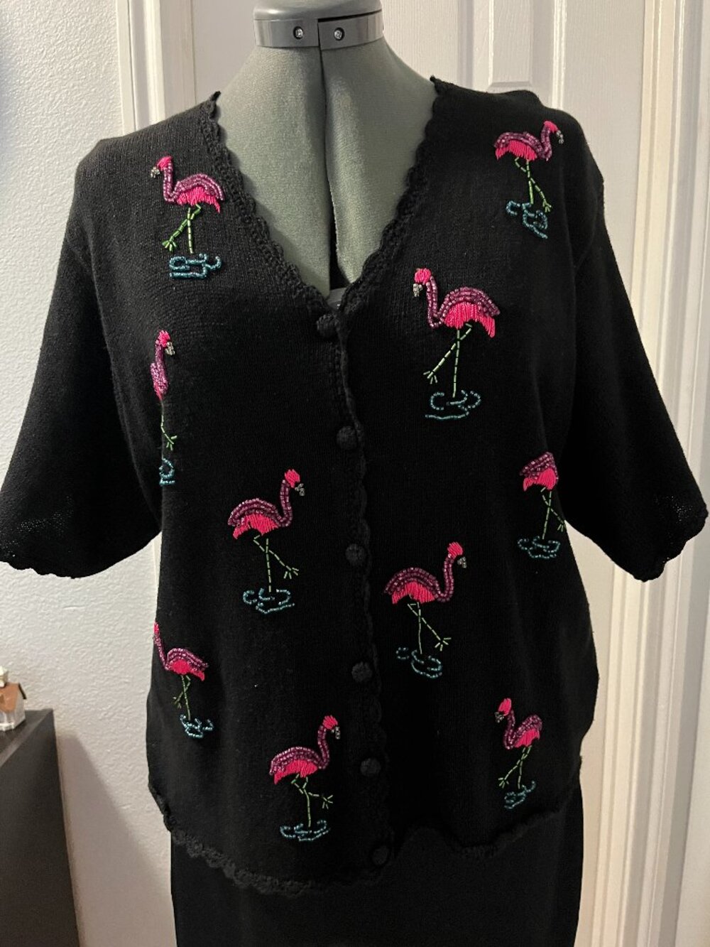 Embroidered Lightweight Sweater For Women, Button Front, Short Sleeves, S